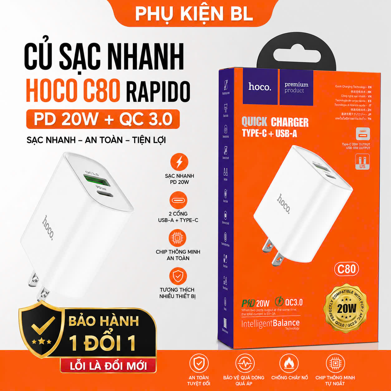 Cóc Sạc Nhanh Hoco C80 Plus 20w