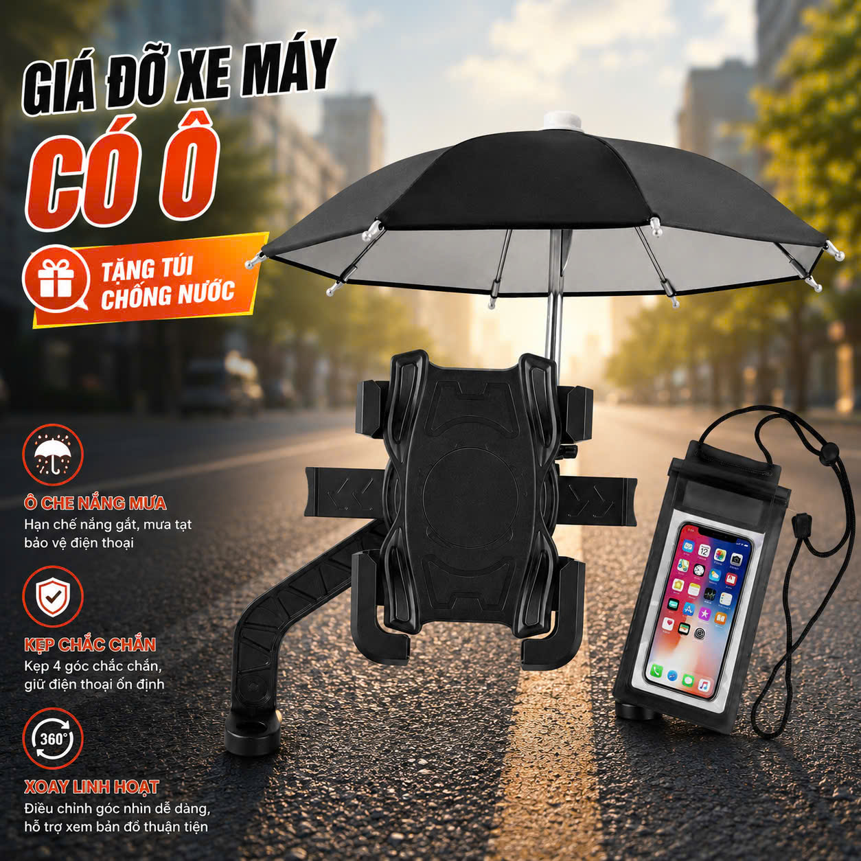 Kẹp điện Thoại Gắn Chân Gương Xe Máy Kèm Ô DÙ
