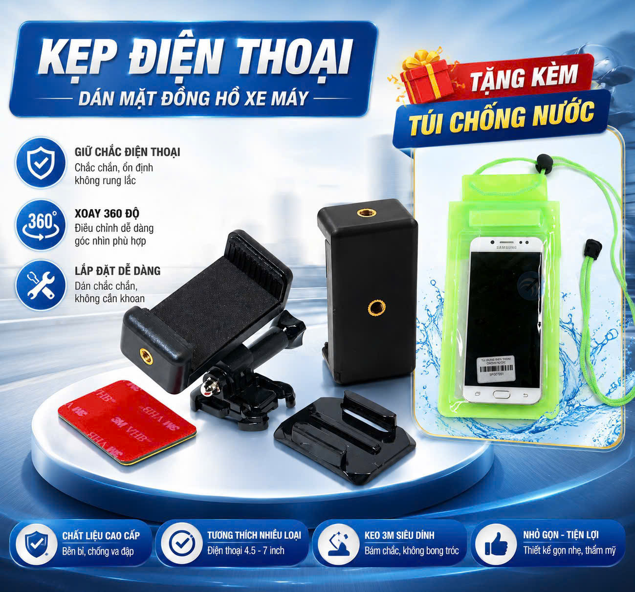 Kẹp Điện Thoại Xe Máy Dán Mặt Đồng Hồ