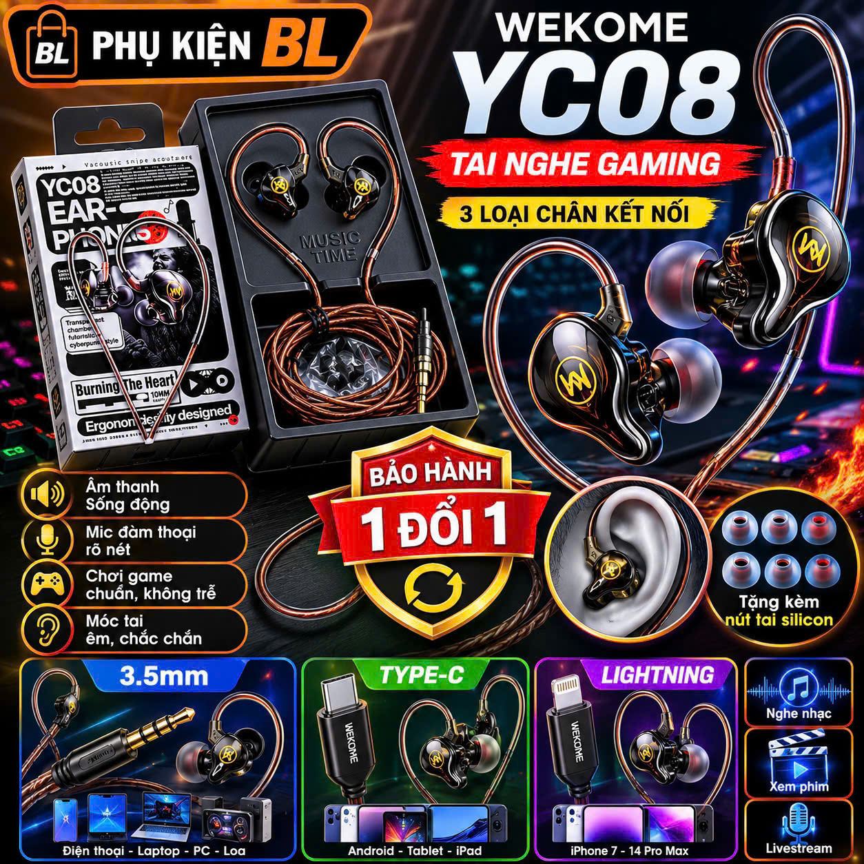 Tai Nghe Có Dây Yc08 Hãng Wekome